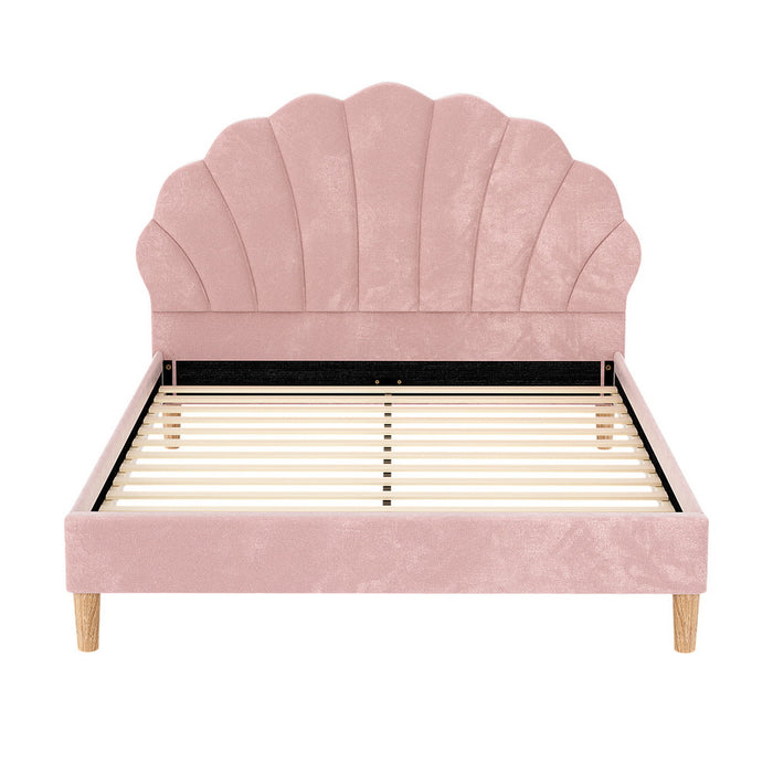 Artiss Bed Frame Double Size Scallop-Shape Bedhead Beds Base Pink Velvet Fabric