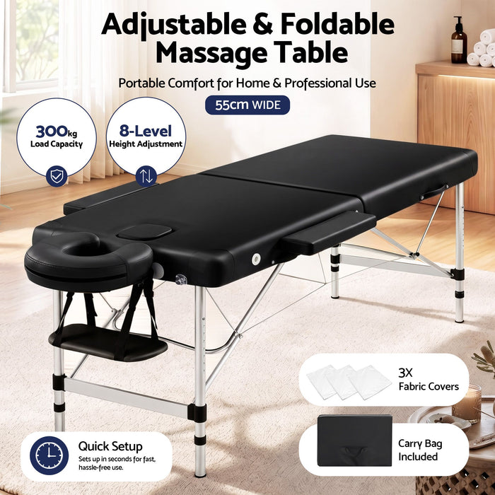Zenses 2 Fold Portable Aluminium Massage Table Massage Bed Beauty Therapy Black 55cm
