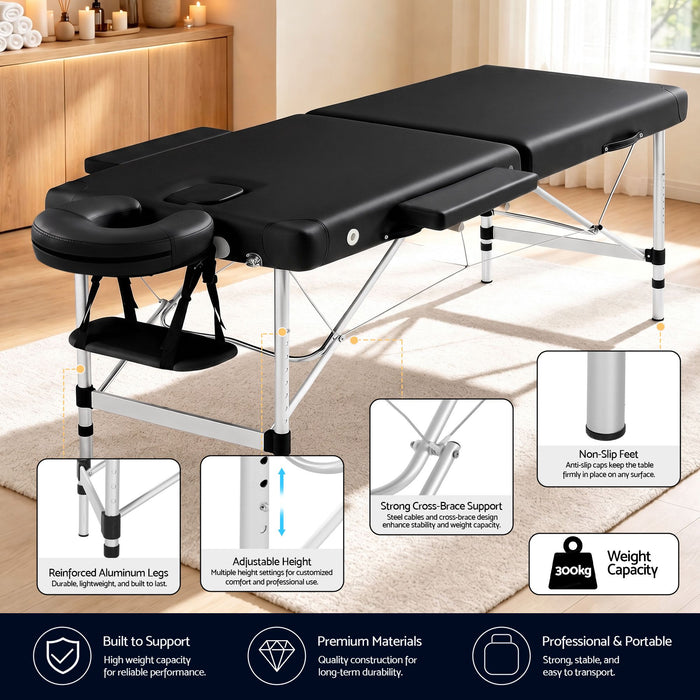 Zenses 2 Fold Portable Aluminium Massage Table Massage Bed Beauty Therapy Black 55cm