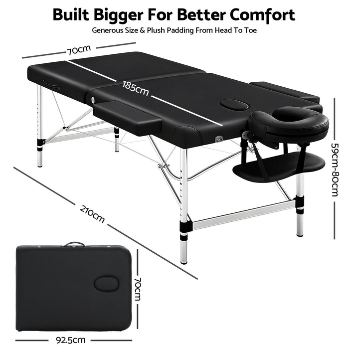 Zenses 70cm Wide Portable Aluminium Massage Table Two Fold Treatment Beauty Therapy Black