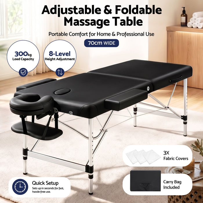 Zenses 70cm Wide Portable Aluminium Massage Table Two Fold Treatment Beauty Therapy Black