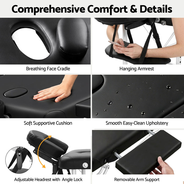 Zenses 70cm Wide Portable Aluminium Massage Table Two Fold Treatment Beauty Therapy Black