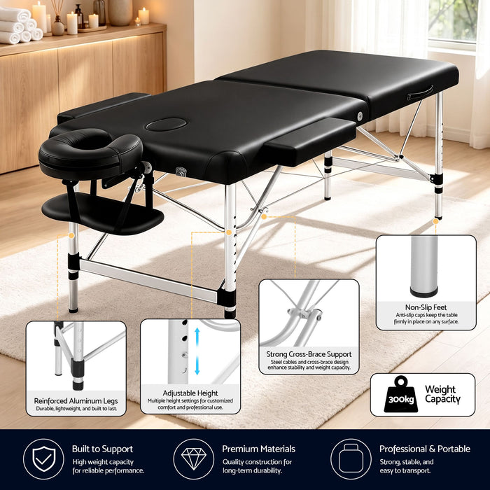 Zenses 70cm Wide Portable Aluminium Massage Table Two Fold Treatment Beauty Therapy Black