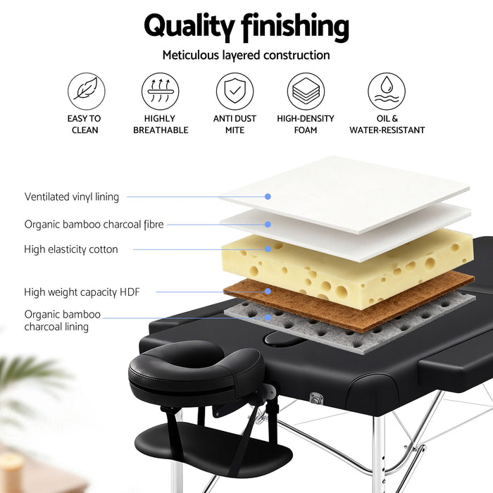 Zenses 70cm Wide Portable Aluminium Massage Table Two Fold Treatment Beauty Therapy Black