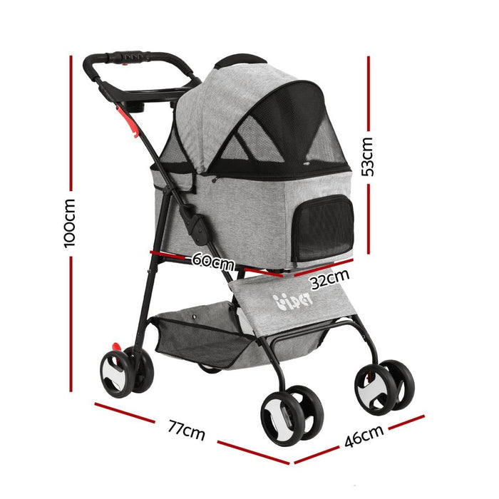 i.Pet Pet Stroller Dog Carrier Foldable Pram 3 IN 1 Middle Size Grey