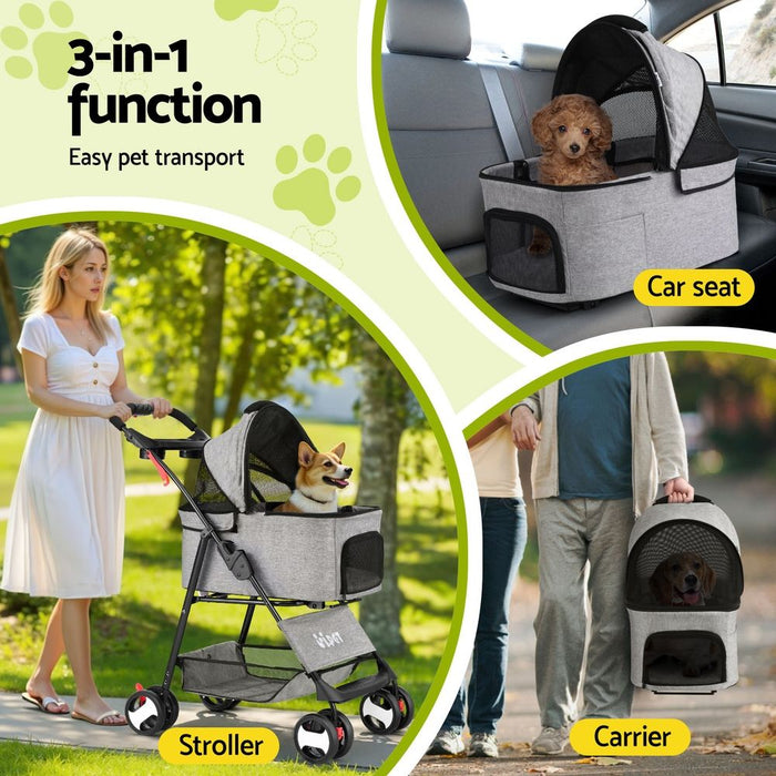 i.Pet Pet Stroller Dog Carrier Foldable Pram 3 IN 1 Middle Size Grey