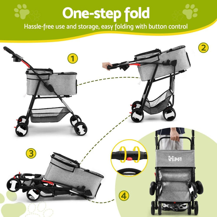 i.Pet Pet Stroller Dog Carrier Foldable Pram 3 IN 1 Middle Size Grey