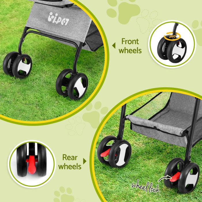 i.Pet Pet Stroller Dog Carrier Foldable Pram 3 IN 1 Middle Size Grey