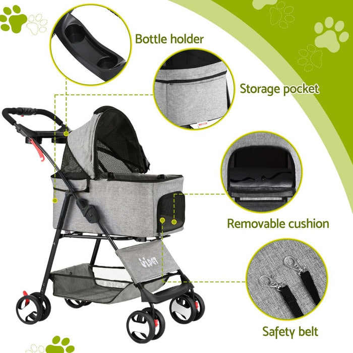 i.Pet Pet Stroller Dog Carrier Foldable Pram 3 IN 1 Middle Size Grey