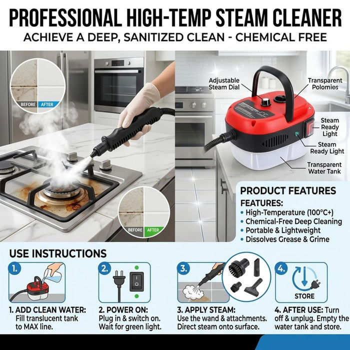 Versora Pro Car Steam Cleaner, 2500W Steam Cleaner, Lightweight High-Temp Steamer for Auto Detailing, Sofa, Tile & Grease, Large Tank + Brush Heads Included  - Red