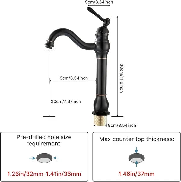 High Bathroom Faucet, 360 Degree Rotatable Countertop Mixer, Retro Classic Brass Bathroom Basin Faucet, Single Handle, Black Finish