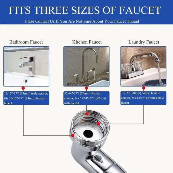 1080 Degree Rotation Rotatable faucet extender + 2 water outlet modes, 1080 degree rotation, splash reduction, Silver Finish