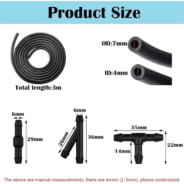 Hose for washer fluid, 3M - Hose for washer nozzle, mist sprayer, with hose connection 9 pcs, Rubber material, automotive replacement use, Black Color