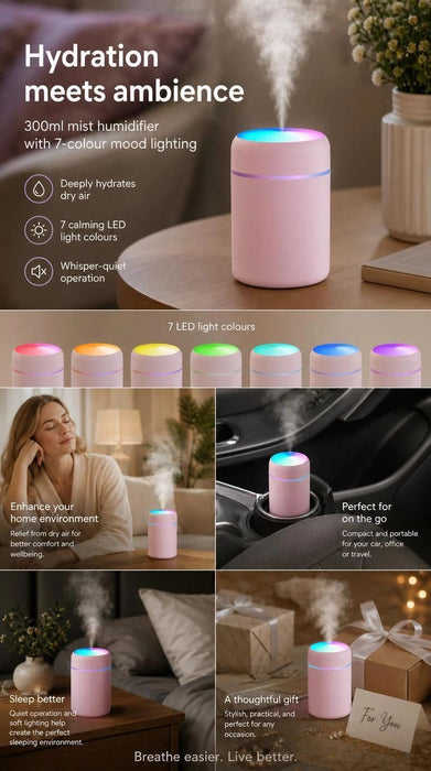 USB Mini Humidifier 300ML Dual Cotton Wicks Black Boxed, Bedroom Gift