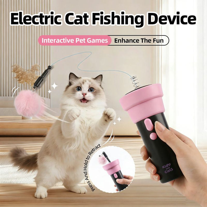 Electric Cat Fishing Wand Toy: One-Button Launch with Spring Retraction, the Perfect Stress-Relief Toy for Human-Pet Interaction/Blue head [gift battery *2+ replacement head *2+ screwdriver