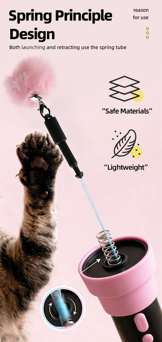 Electric Cat Fishing Wand Toy: One-Button Launch with Spring Retraction, the Perfect Stress-Relief Toy for Human-Pet Interaction/Blue head [gift battery *2+ replacement head *2+ screwdriver
