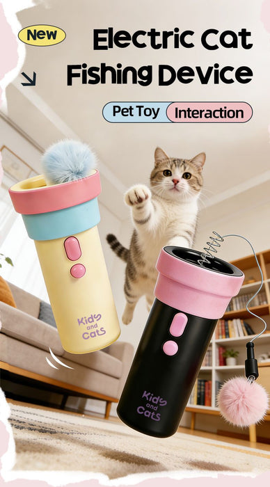 Electric Cat Fishing Wand Toy: One-Button Launch with Spring Retraction, the Perfect Stress-Relief Toy for Human-Pet Interaction/Black [gift battery *2+ replacement head *2+ screwdriver]