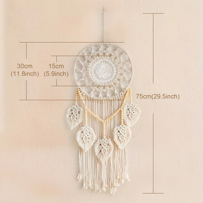 Bohemian Handwoven Wooden Bead Leaf Round Tapestry: Cotton Lace Hollow Tassel, Natural Healing Wall Decoration/sandy beige