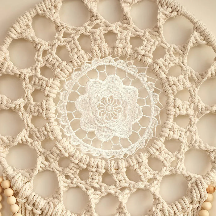 Bohemian Handwoven Wooden Bead Leaf Round Tapestry: Cotton Lace Hollow Tassel, Natural Healing Wall Decoration/sandy beige