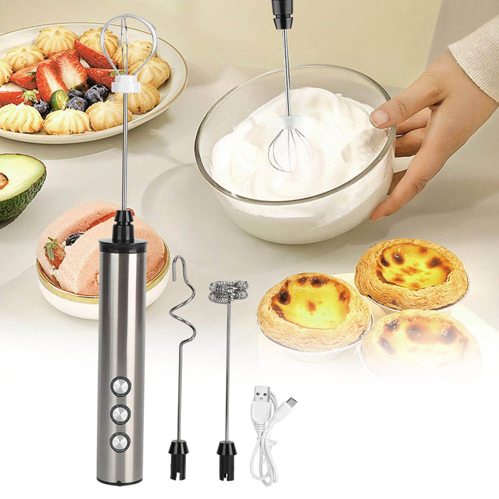 Stainless Steel Milk Frother USB Charging Handheld Electric Egg Beater for Home Kitchen
