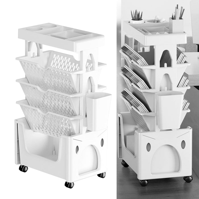 Rolling Mobile Bookshelf with Wheels 5 Tiers Large Capacity Strong Load Bearing Capacity Utility Cart for Study Kitchen White