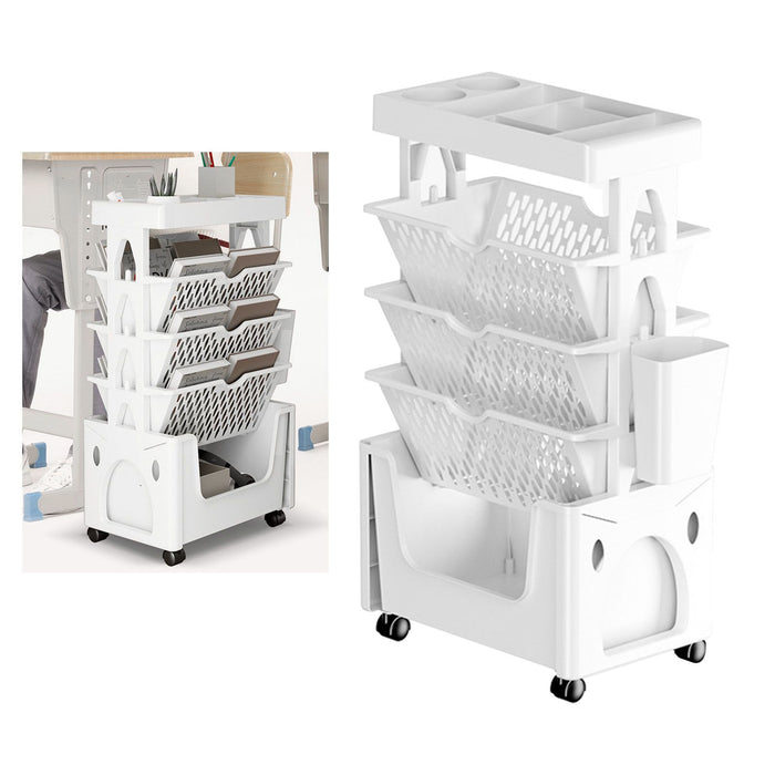 Rolling Mobile Bookshelf with Wheels 5 Tiers Large Capacity Strong Load Bearing Capacity Utility Cart for Study Kitchen White