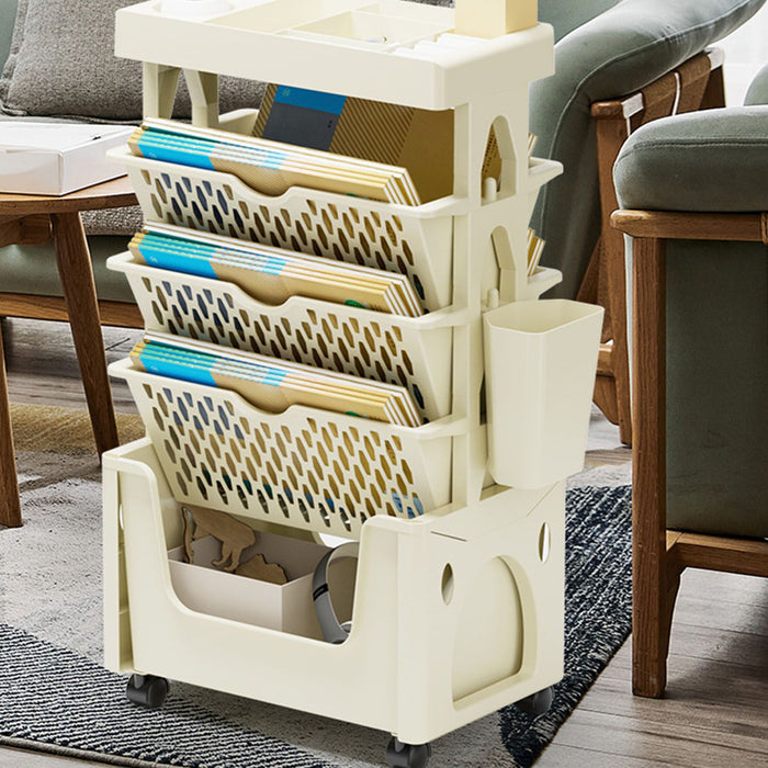 Rolling Mobile Bookshelf with Wheels 5 Tiers Large Capacity Strong Load Bearing Capacity Utility Cart for Study Kitchen Khaki