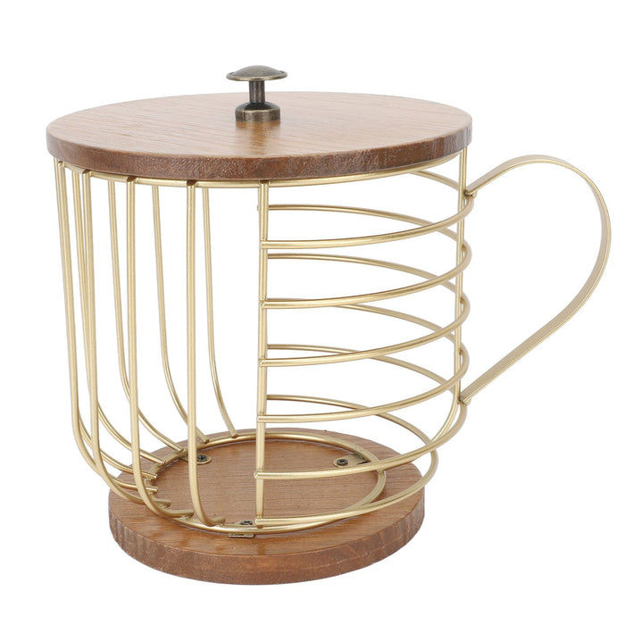 Coffee Pod Holder Iron Large Capacity Space Saving Wooden Base Coffee Pods Storage Organizer for Home Coffee Bar Gold with Lid