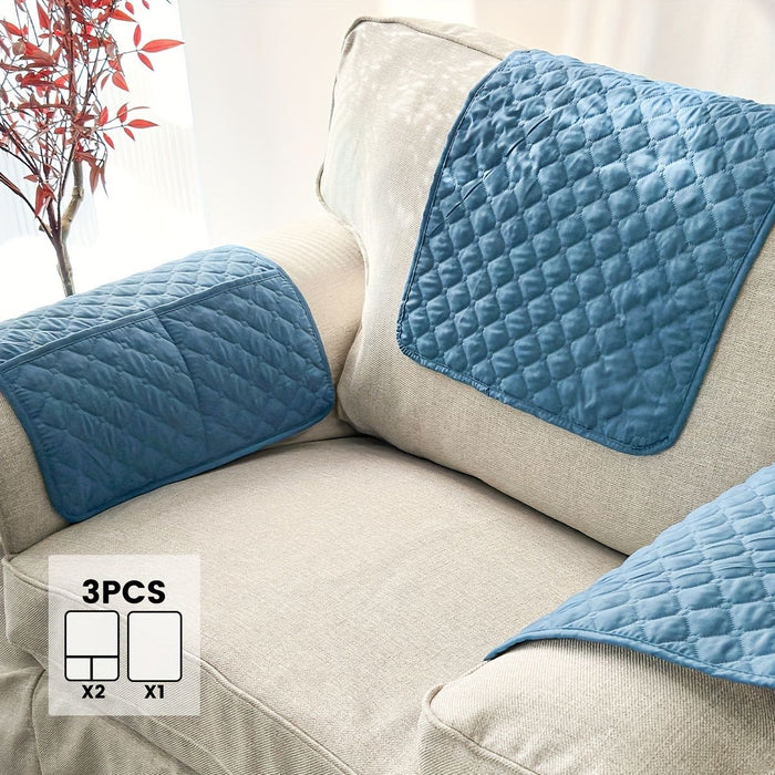 Sectional Couch Covers Sofa Armrest Cover with Pockets Lengthen Headrest Cover Quilted Nonslip Furniture Protector Armchair Slipcover for Pets Sofa Couch 38.1*55.88cm/1-Seater 3pcs Blue