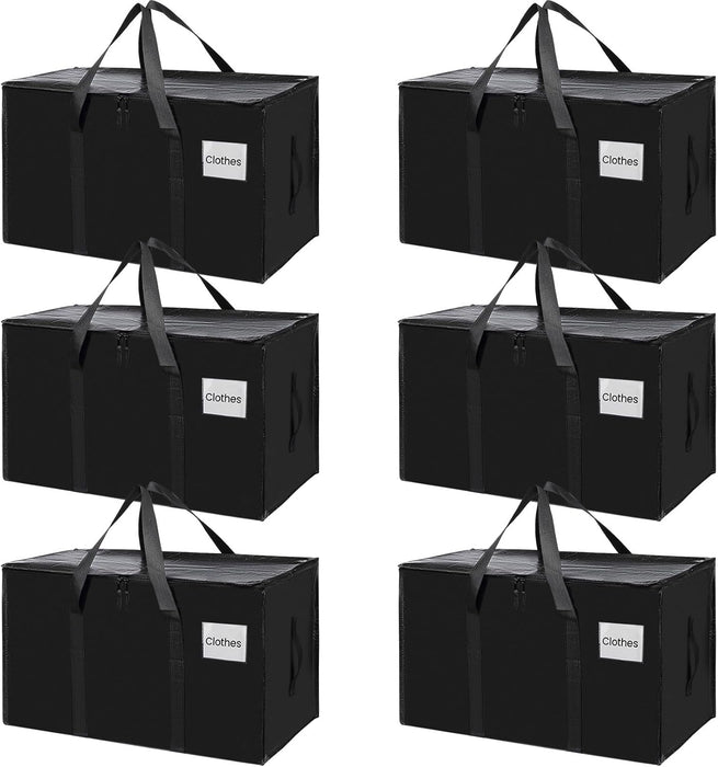 CARLA HOME 6-Pack Large Moving Storage Bags with Zippers & Handles with 95 Liters Capacity for Space Saving, Travel, Camping & Organization (Black)
