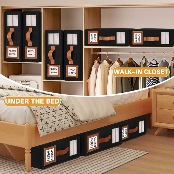 CARLA HOME Bed Sheet Organizer Set of 4 with Handle & Window for Covers, Pillowcases, Blankets, Clothes & Sheets (Black)