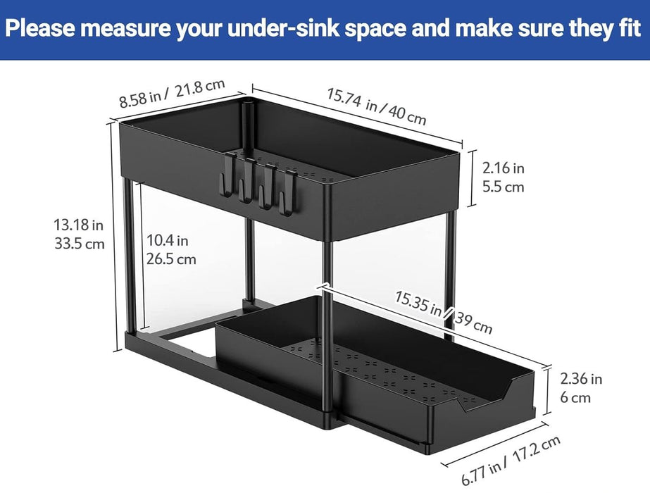 CARLA HOME 2 Pack Under Sink Organizer with Pull-Out Basket and Hooks for Bathroom & Kitchen