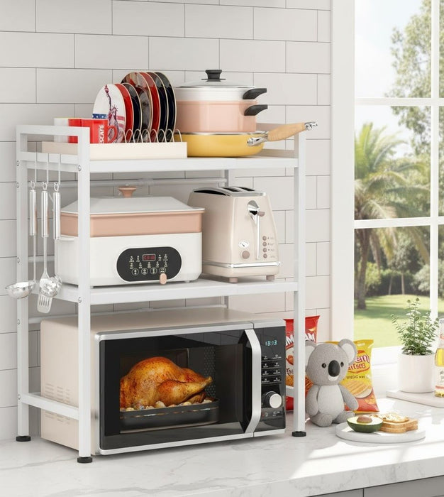 CARLA HOME 3-Tier Microwave Oven Rack with Adjustable Metal Kitchen Shelf Stand for Countertop Storage and 6 Hooks for Utensils