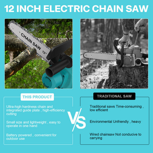 12"inch Cordless Electric Chainsaw + 2 Battery 2 Chain Brushless Wood Cutter Saw