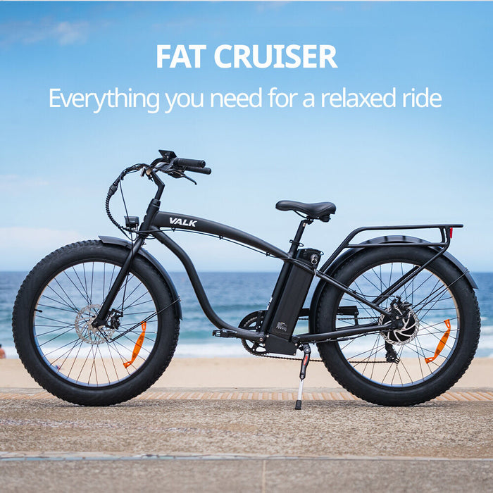 VALK Electric Fat Tyre Cruiser Bike, eBike with Throttle, Matte Black