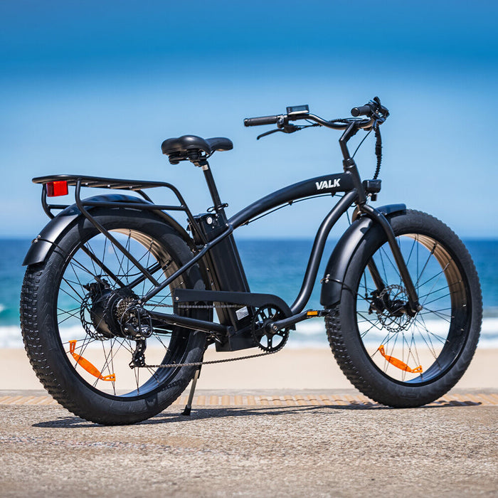 VALK Electric Fat Tyre Cruiser Bike, eBike with Throttle, Matte Black