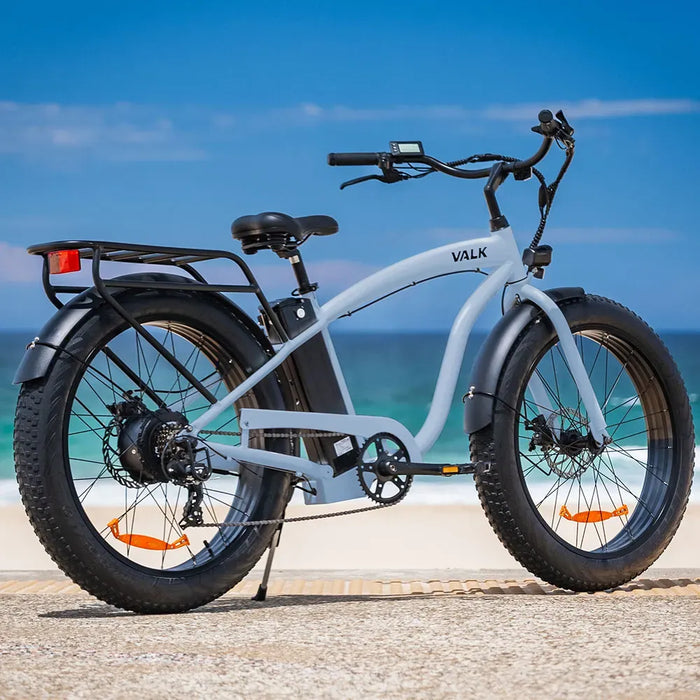 VALK Electric Fat Tyre Cruiser Bike, eBike with Throttle, White