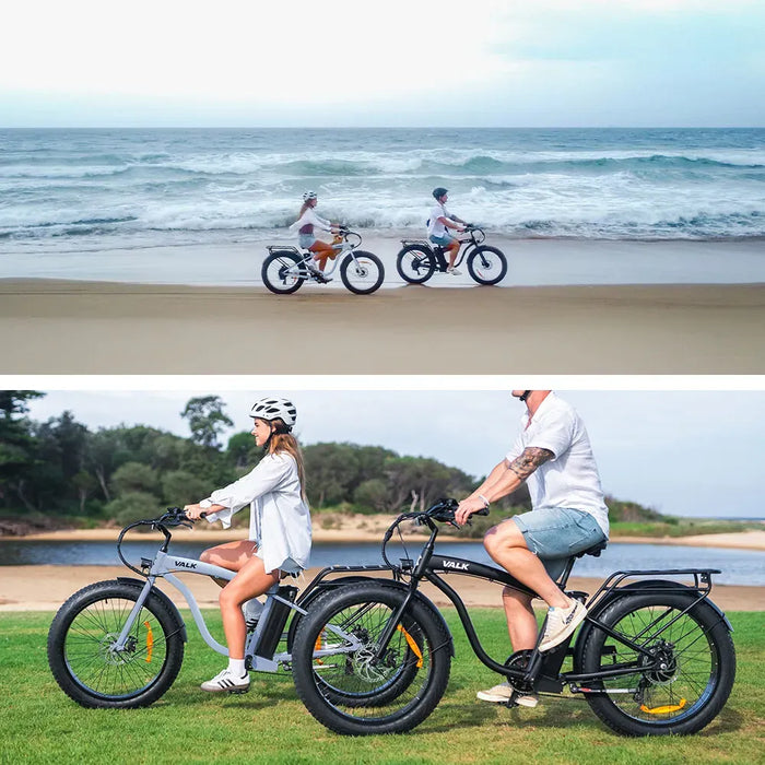 VALK Electric Fat Tyre Cruiser Bike, eBike with Throttle, White