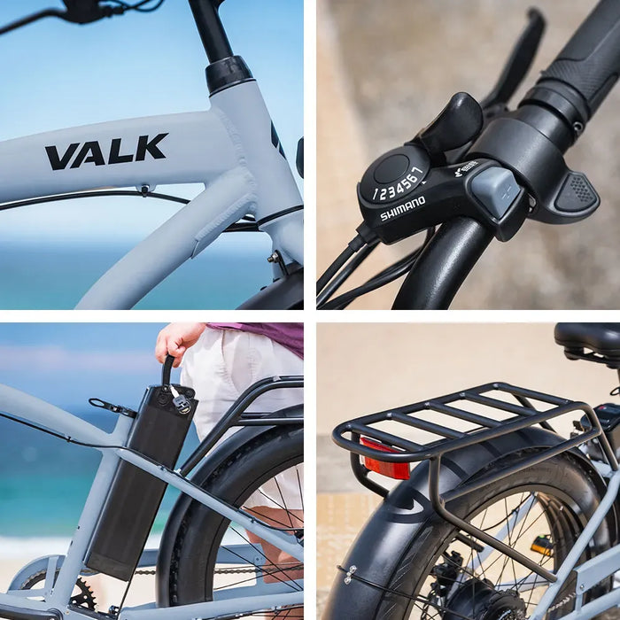 VALK Electric Fat Tyre Cruiser Bike, eBike with Throttle, White