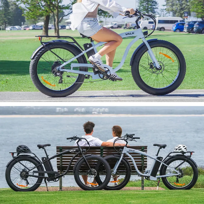 VALK Electric Fat Tyre Cruiser Bike, eBike with Throttle, White