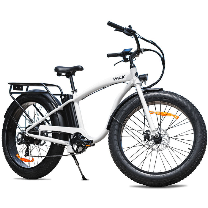 VALK Electric Fat Tyre Cruiser Bike, eBike with Throttle, White