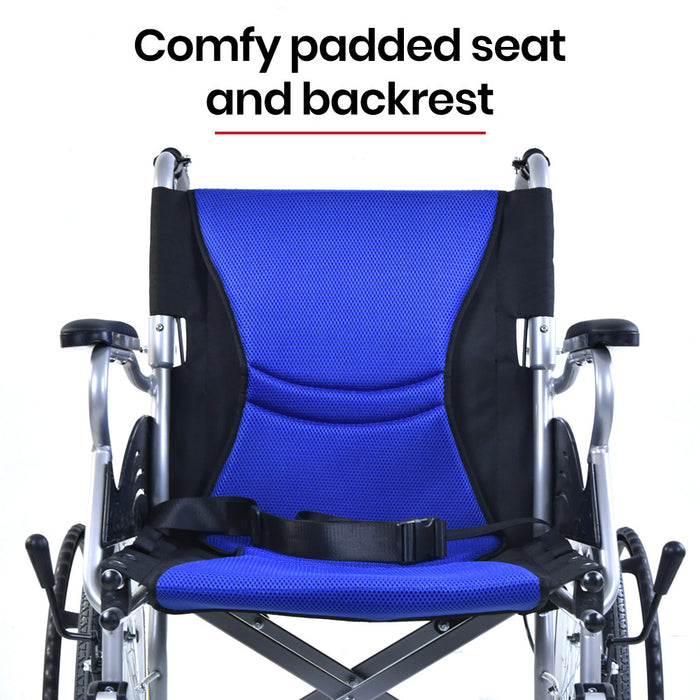EQUIPMED Folding Aluminium Wheelchair, 20" Wheels, Park Brakes, 100kg Capacity, Blue