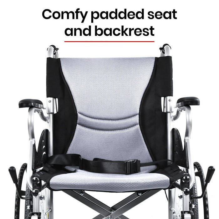 EQUIPMED Folding Aluminium Wheelchair, 20" Wheels, Park Brakes, 100kg Capacity, Grey/Black