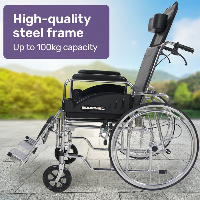 Equipmed Folding Manual Reclining Wheelchair Self Propelled, 24" Rear Wheels, Chrome Steel Frame, 46cm Wide Seat, 100kg Capacity, Park Brakes