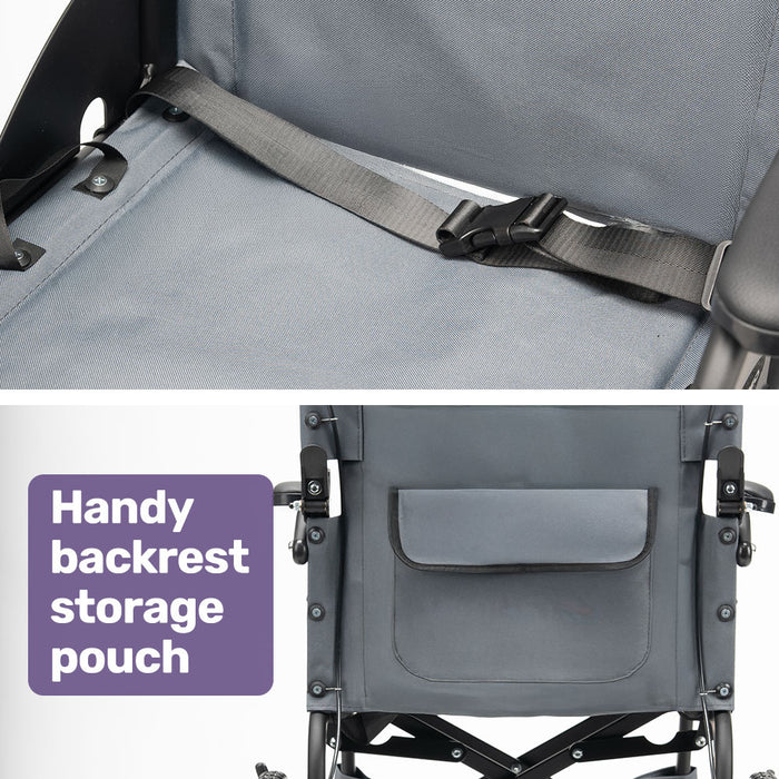 Equipmed Folding Transit Wheelchair, Lightweight Aluminium for Easy Transport, Grey
