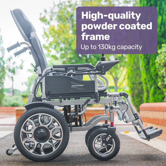 EQUIPMED Power Electric Wheelchair, Long Range, Auto Recline, Lithium Battery, 16" Rear Wheels, Headrest, Folding, Grey/Black