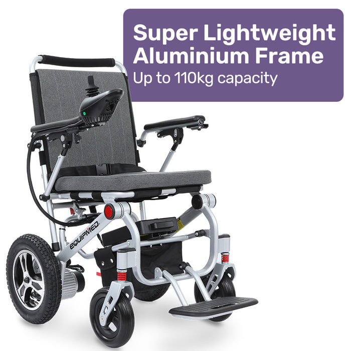 EQUIPMED Ultra-Light Power Wheelchair, Tight Turning Electric Motorised Wheel Chair, Folding, ARTG Certified, Aluminium Frame, Lithium Battery, Grey