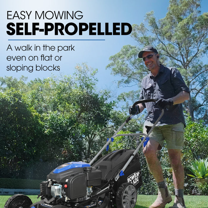 PowerBlade 20" 200cc Self-Propelled Lawn Mower, 7 Height, Steel Deck, Deck Wash Port, OHV 4-Stroke Petrol - VS900