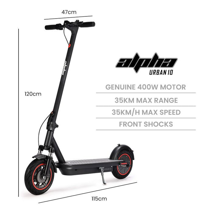 ALPHA Urban 10 Electric Scooter, 35km/h, Suspension, 35km Range, 10-Inch Wheels, Brushless Motor, Free APP, Motorised Commuter eScooter for Adults, Black