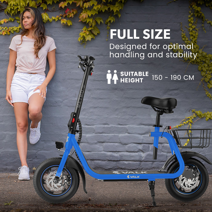 VALK Electric Scooter with Seat, Disc brakes, 12" Tyres, Motorised eScooter for Adults Teens Commuter, Blue